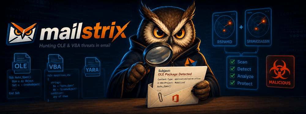 Mailstrix owl mascot inspecting a malicious email attachment with a magnifying glass